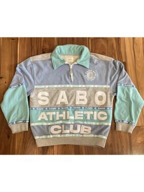 SABO Crewneck Sweatshirt Colorblock Logo Graphic Oversized Size XS Blue Tennis